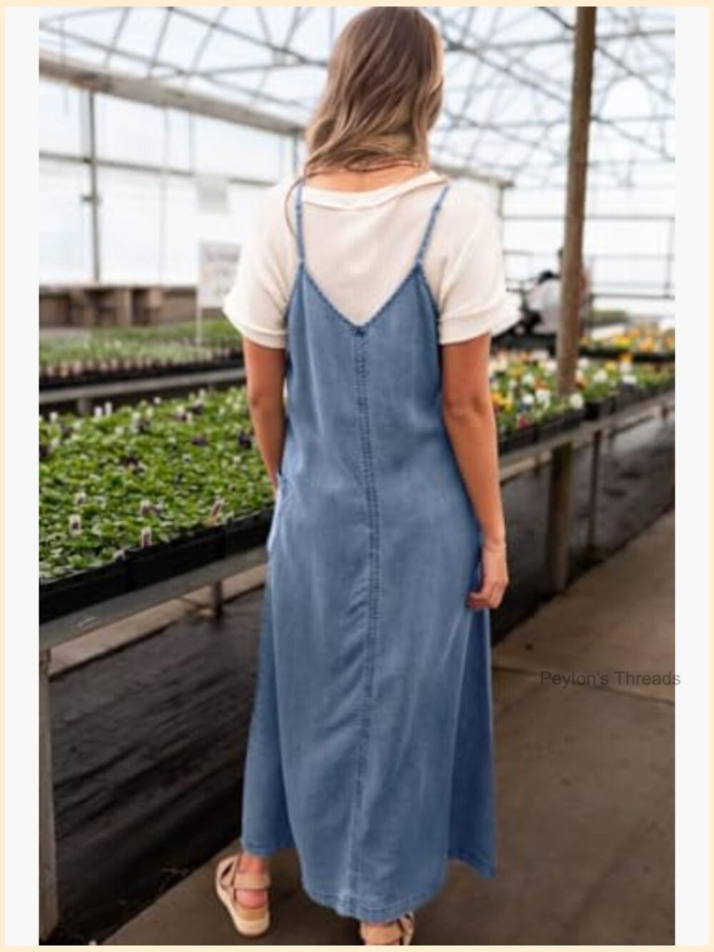 Spaghetti Strap Denim A-Line Overall Maxi Dress with Pockets - Picture 3 of 4